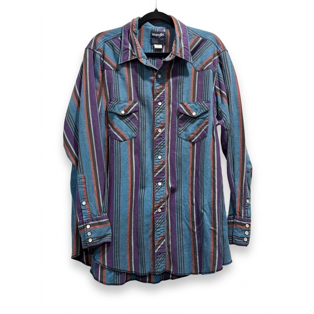 Wrangler Vintage Western Pearl Snap Shirt Striped Teal Purple Orange Mens‎ 18-35